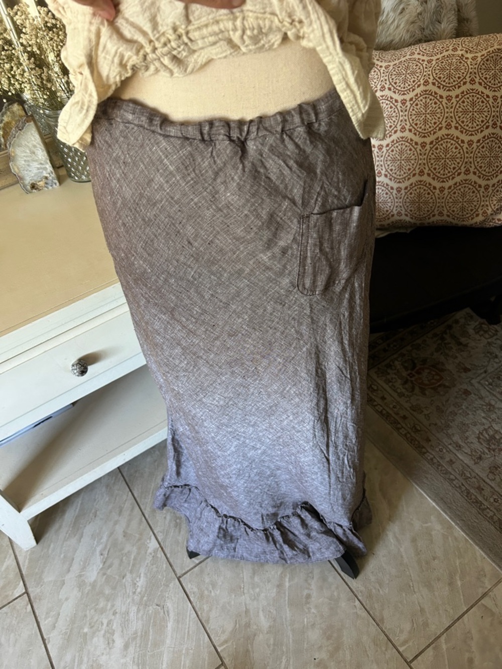 Vtg Y2K Eddie Bauer 100% linen pull on cottage Prairie western maxi skirt M tall - Picture 3 of 14